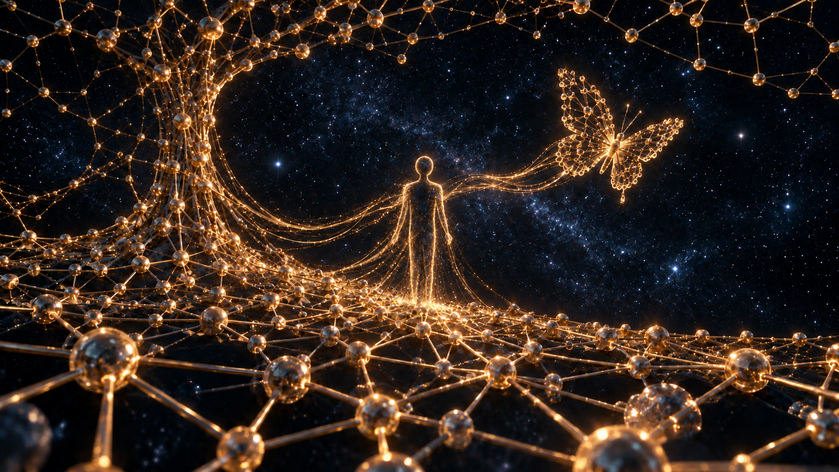 A figure of golden lines within a bead-and-rod world beneath the stars